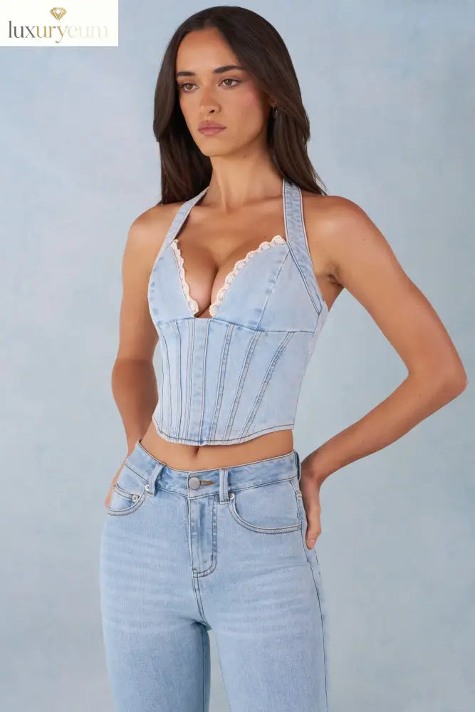 Halterneck Denim Corset Style Top in Light Denim