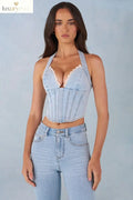 Halterneck Denim Corset Style Top in Light Denim