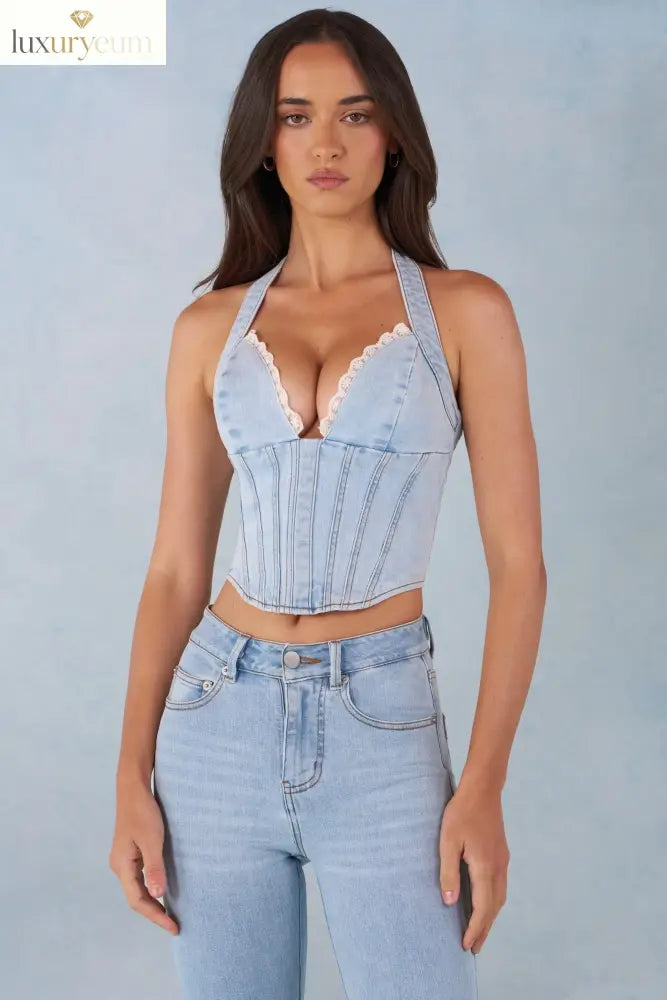 Halterneck Denim Corset Style Top in Light Denim