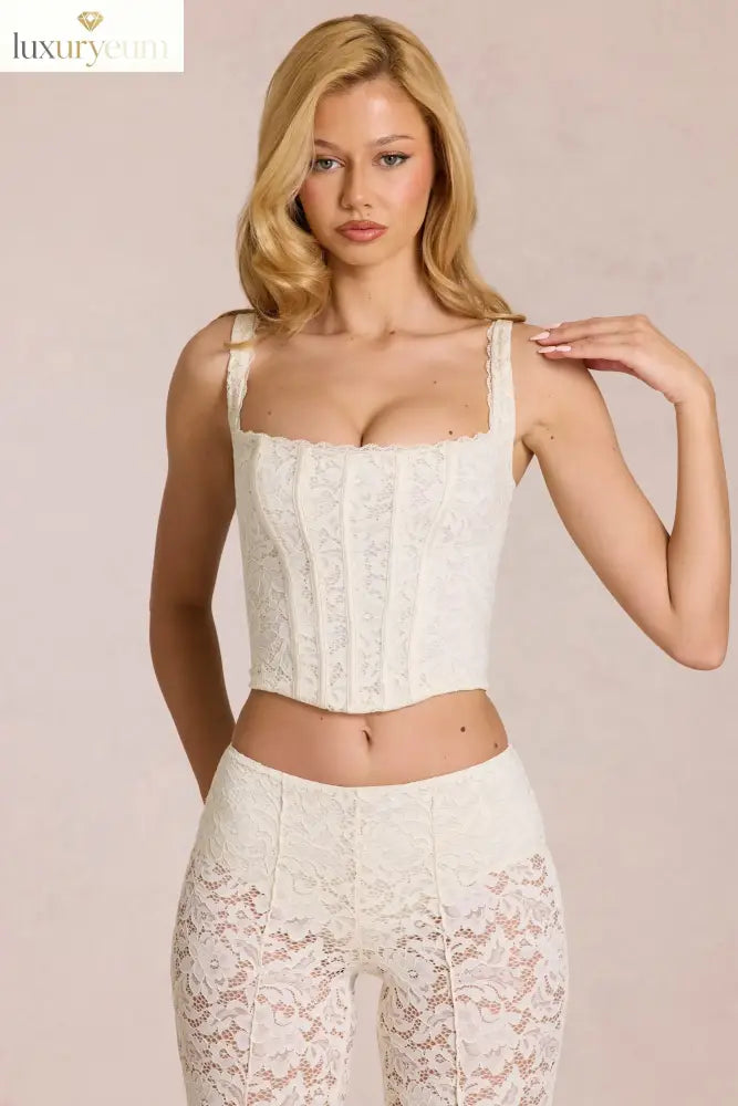 Lace Soft-Scoop Boned Corset Top in Pearl