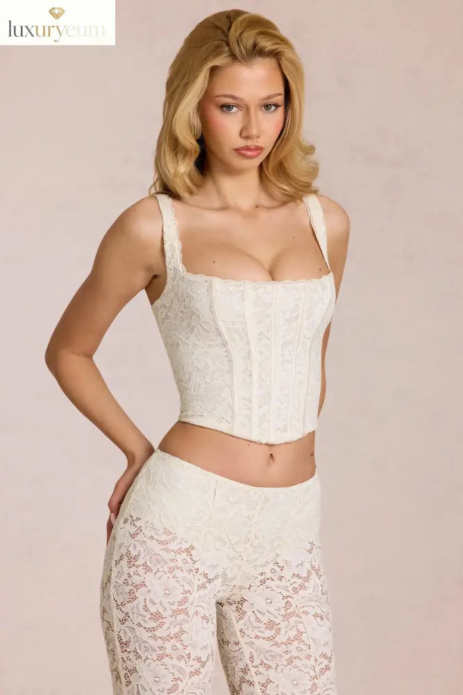 Lace Soft-Scoop Boned Corset Top in Pearl