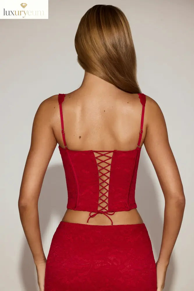 Lace Soft-Scoop Boned Corset Top in True Red