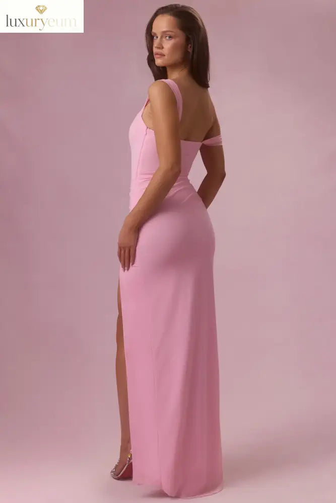 Mesh Draped Corset Gown in Candyfloss Pink