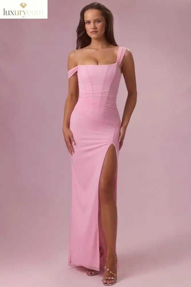 Mesh Draped Corset Gown in Candyfloss Pink