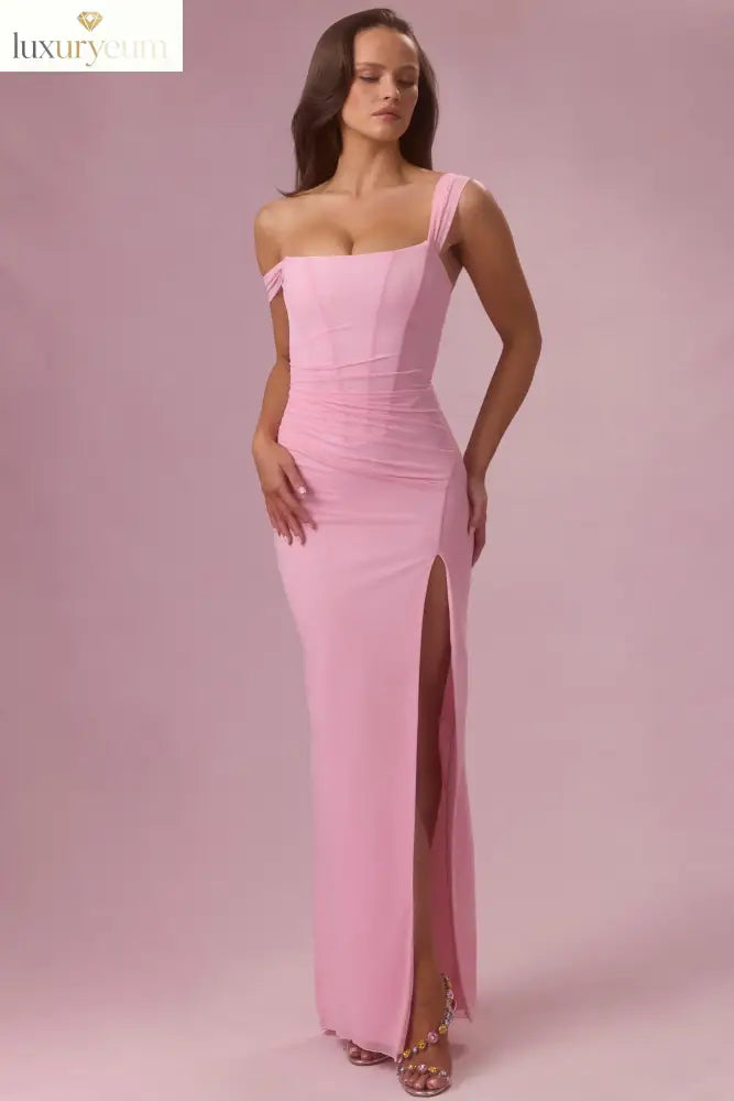 Mesh Draped Corset Gown in Candyfloss Pink