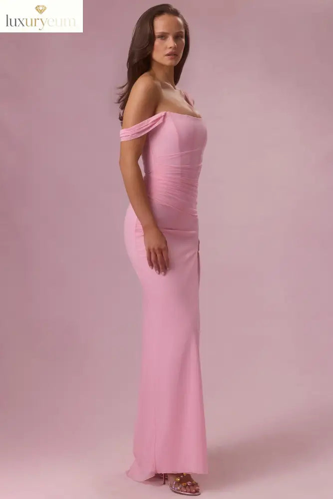 Mesh Draped Corset Gown in Candyfloss Pink