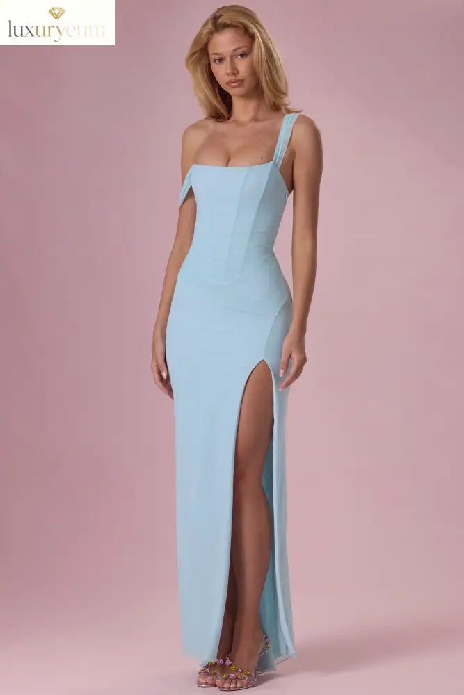 Mesh Draped Corset Gown in Light Blue