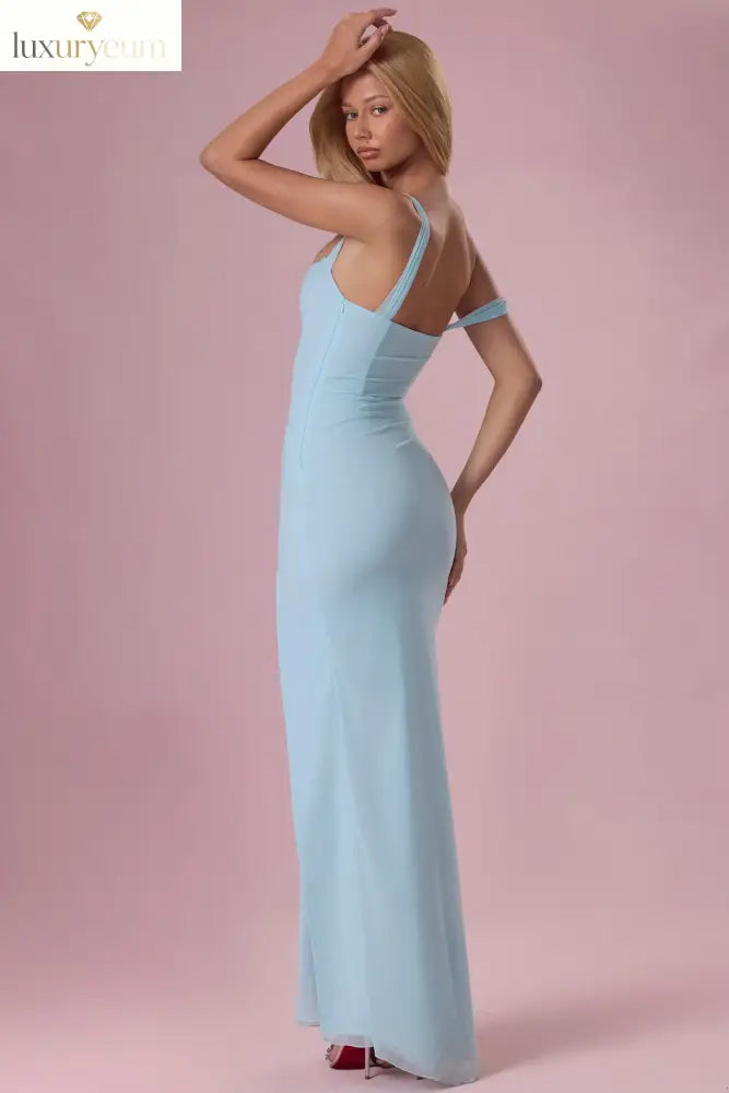 Mesh Draped Corset Gown in Light Blue