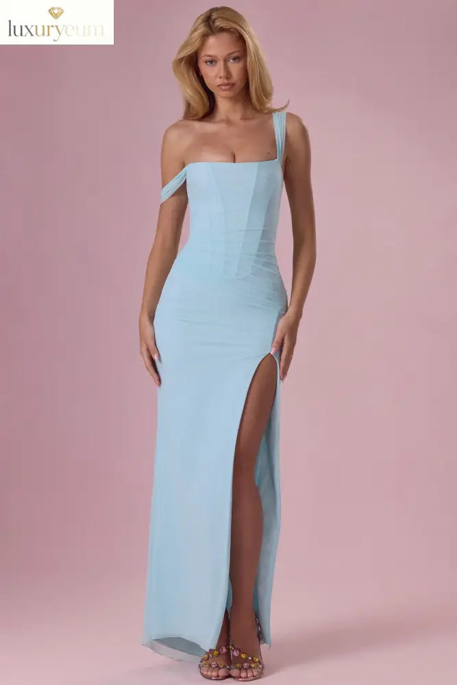 Mesh Draped Corset Gown in Light Blue