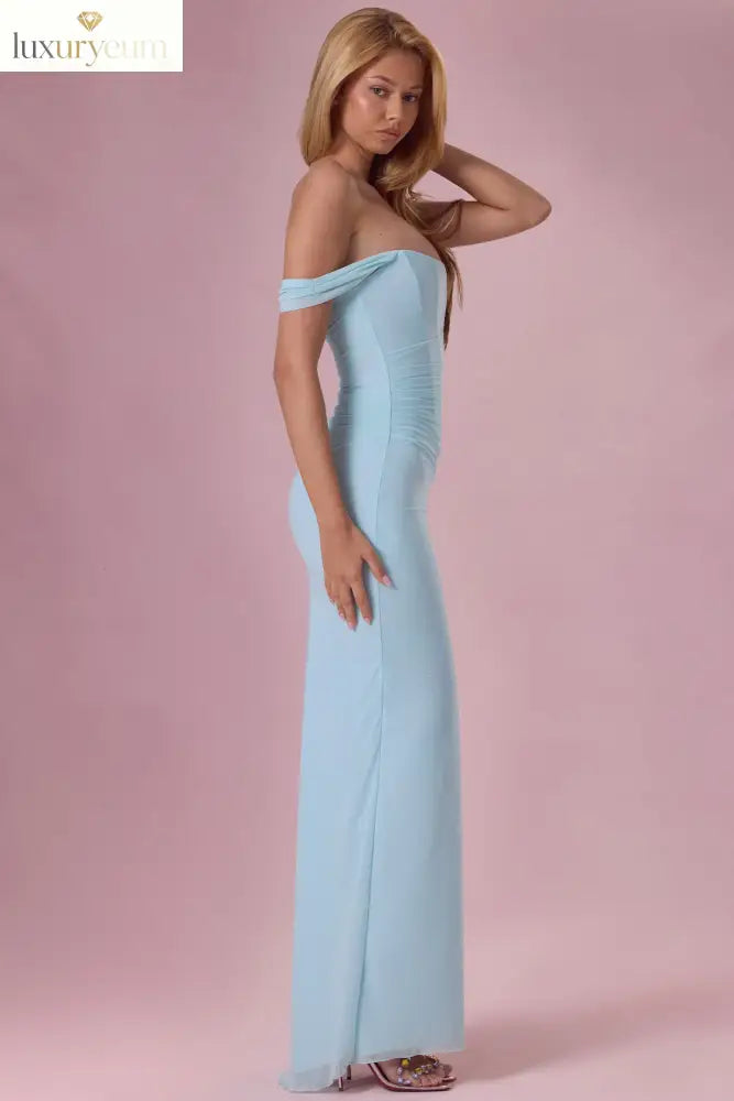 Mesh Draped Corset Gown in Light Blue