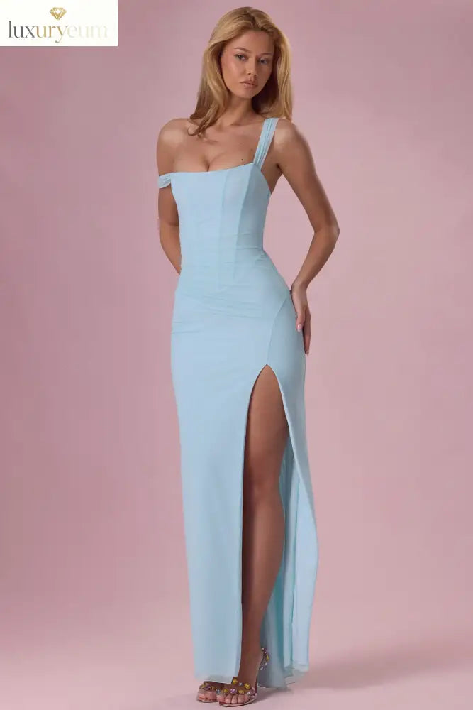 Mesh Draped Corset Gown in Light Blue