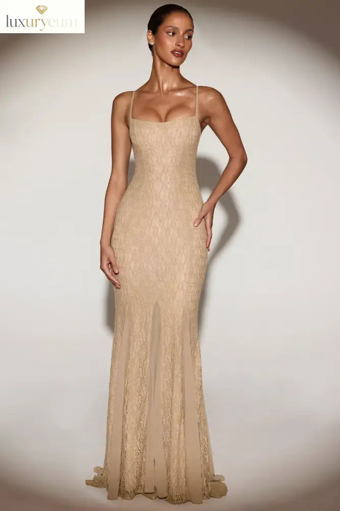 Metallic Lace Godet Fishtail Gown in Gold