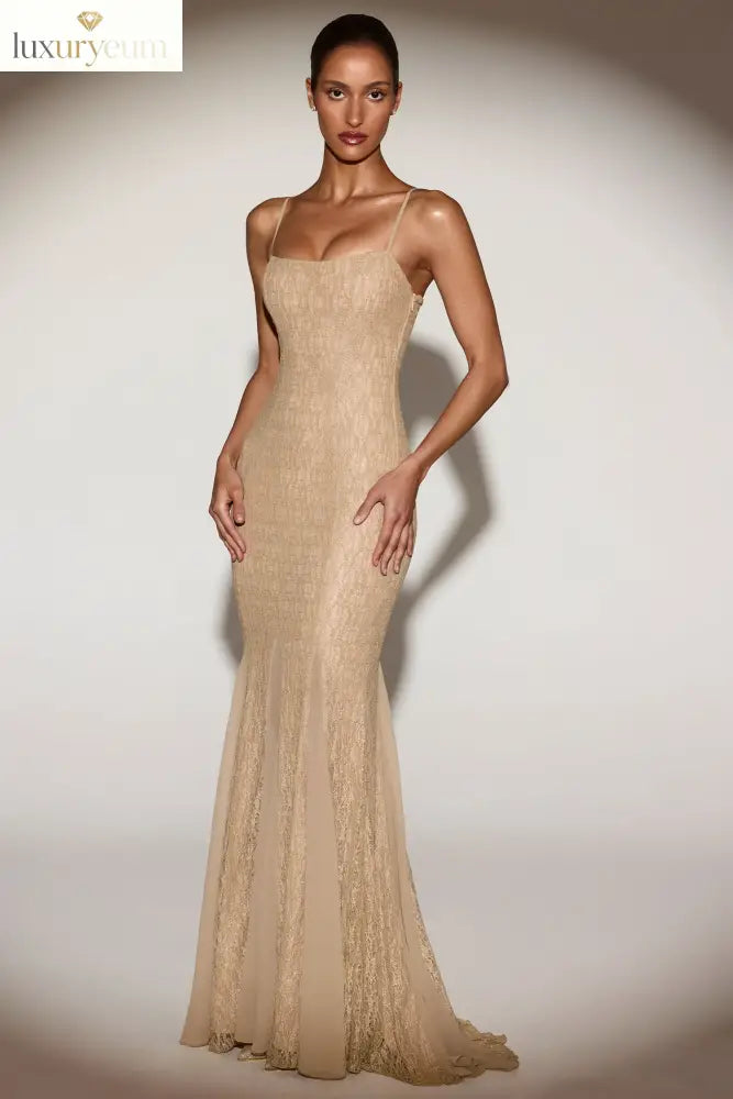Metallic Lace Godet Fishtail Gown in Gold