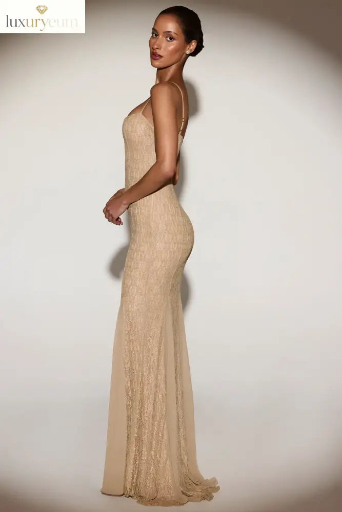 Metallic Lace Godet Fishtail Gown in Gold