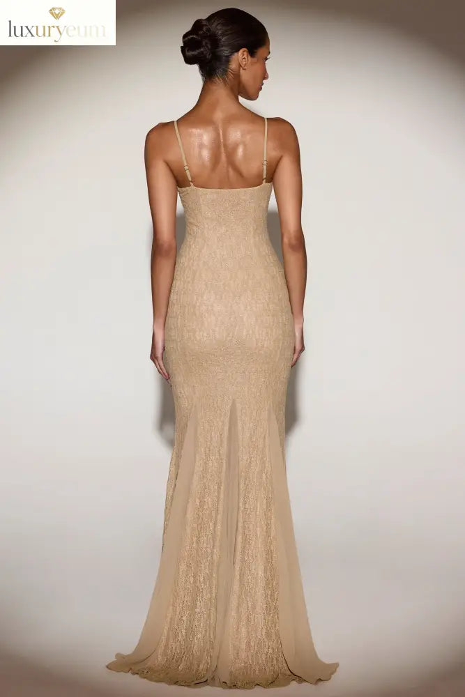 Metallic Lace Godet Fishtail Gown in Gold