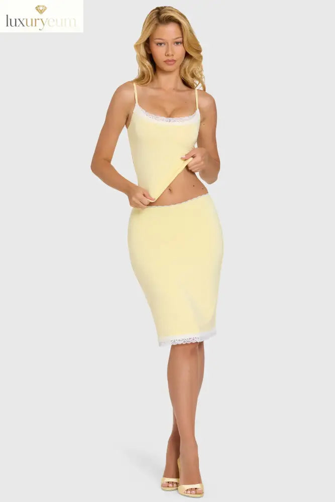 Modal Lace-Trim Midi Skirt in Butter