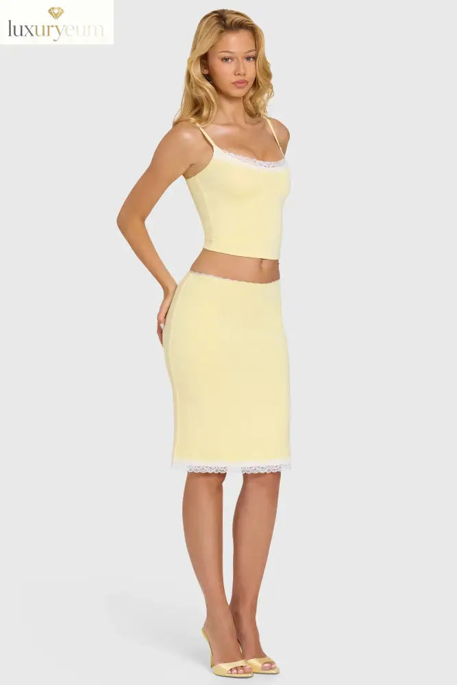Modal Lace-Trim Midi Skirt in Butter