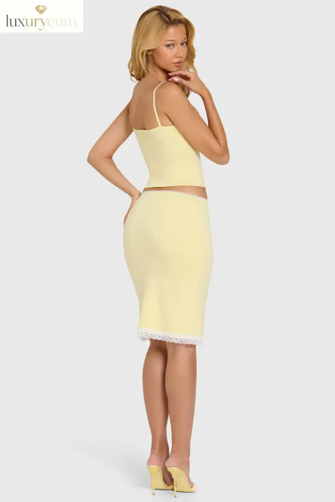 Modal Lace-Trim Midi Skirt in Butter
