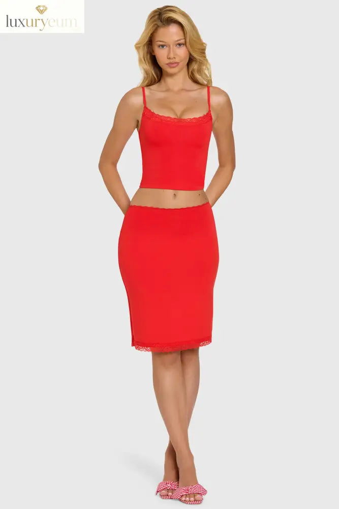 Modal Lace-Trim Midi Skirt in Cherry