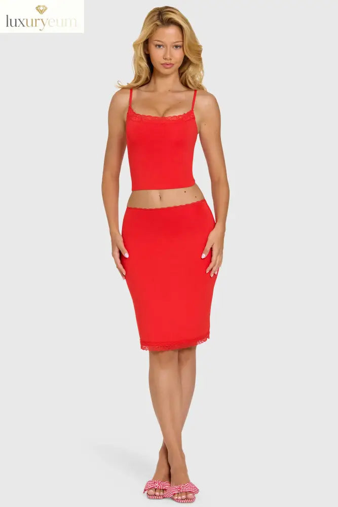 Modal Lace-Trim Midi Skirt in Cherry