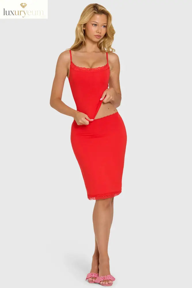 Modal Lace-Trim Midi Skirt in Cherry