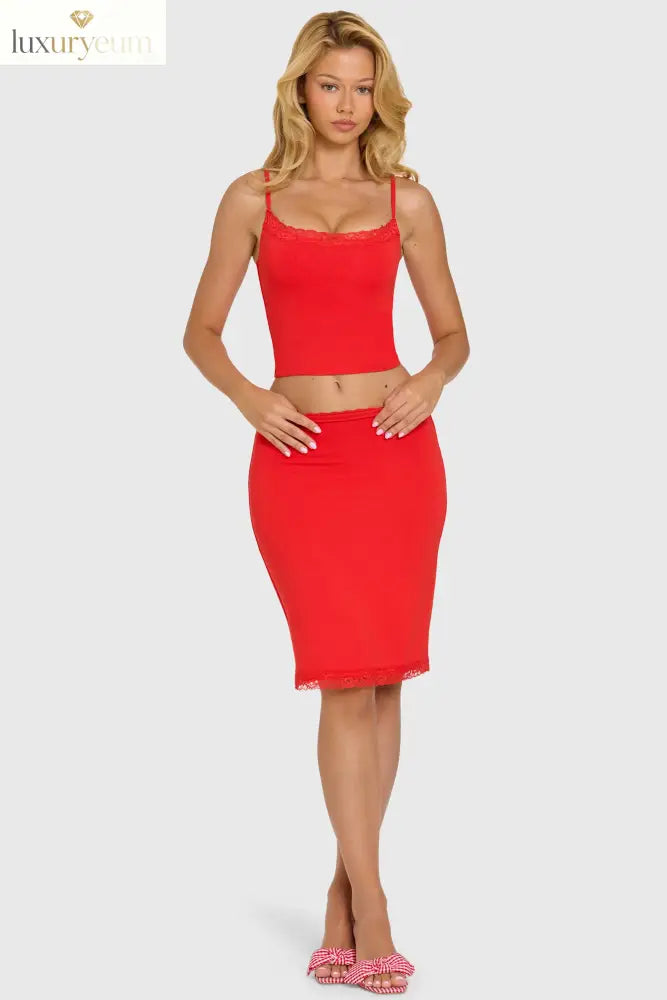 Modal Lace-Trim Midi Skirt in Cherry