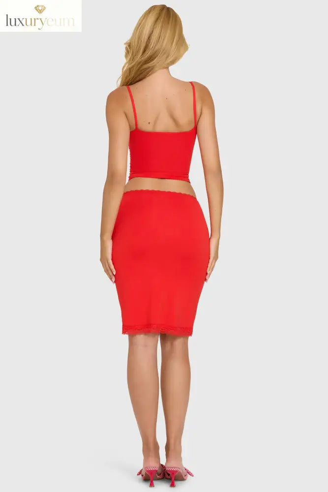 Modal Lace-Trim Midi Skirt in Cherry