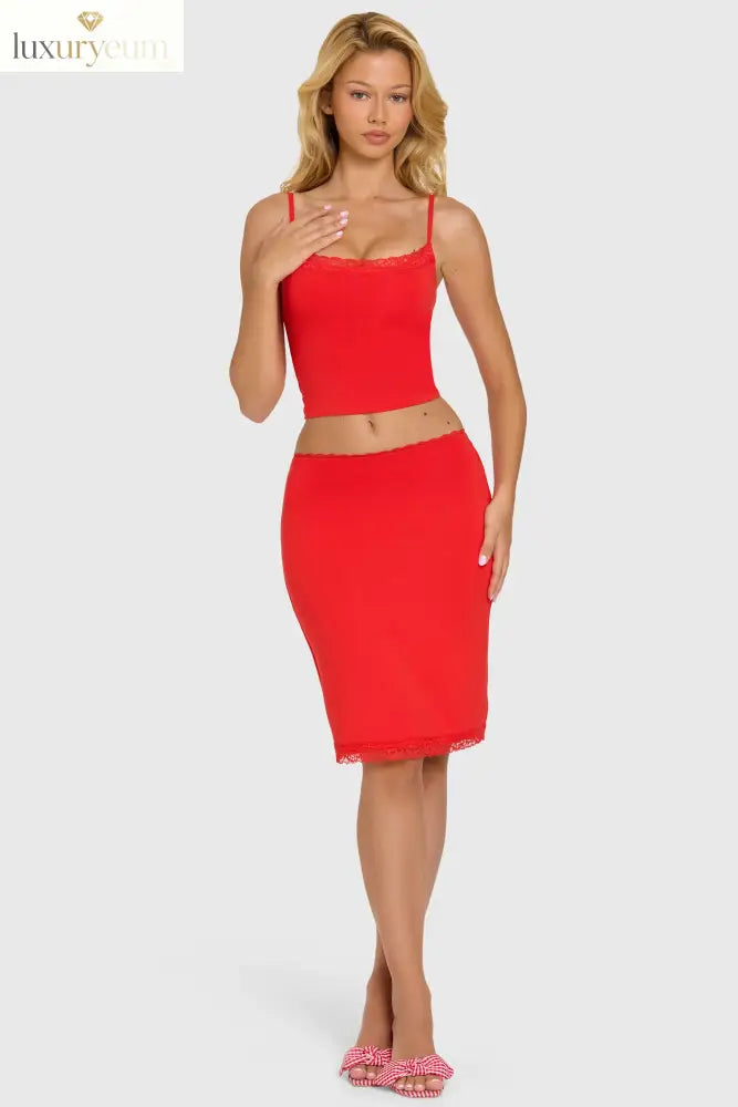 Modal Lace-Trim Midi Skirt in Cherry