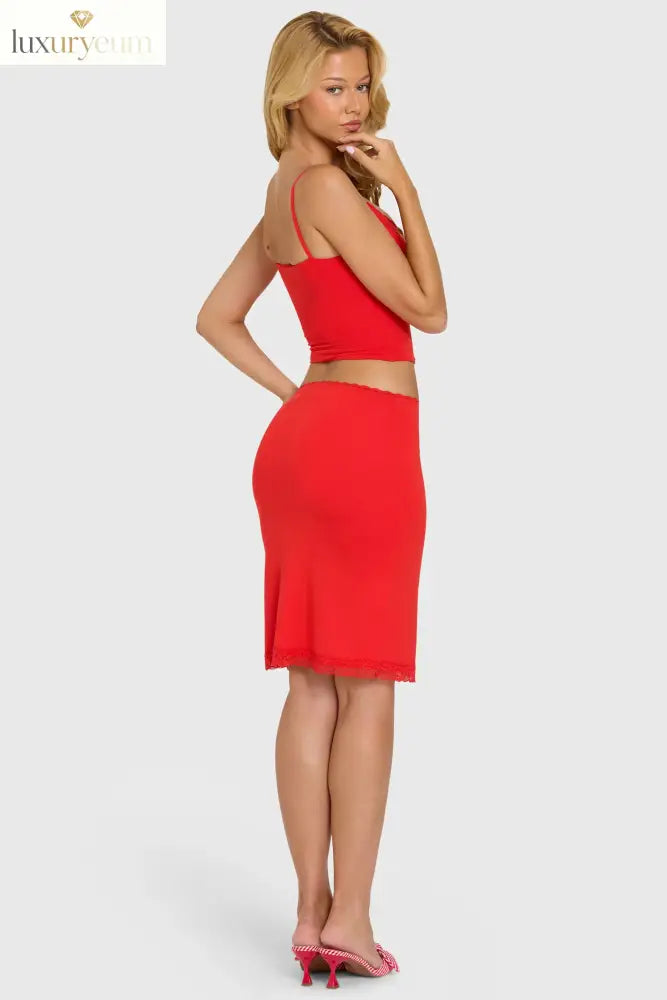 Modal Lace-Trim Midi Skirt in Cherry