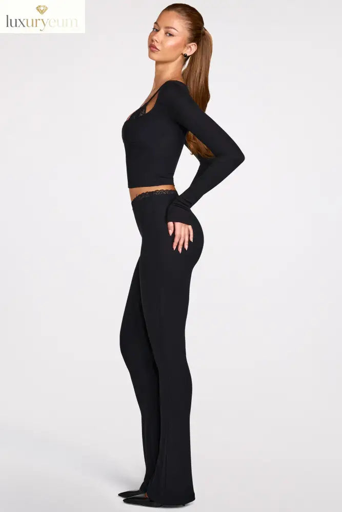 Modal Mid-Rise Flared Trousers in Black