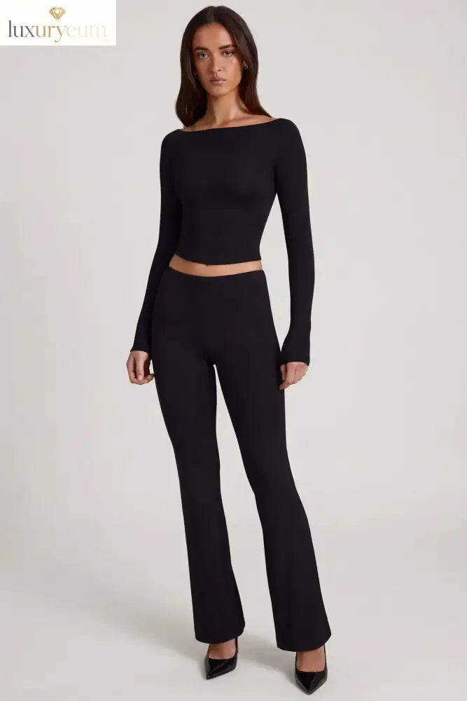 Modal Mid-Rise Flared Trousers in Black