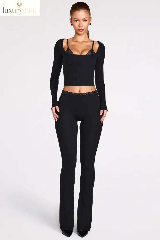 Modal Mid-Rise Flared Trousers in Black