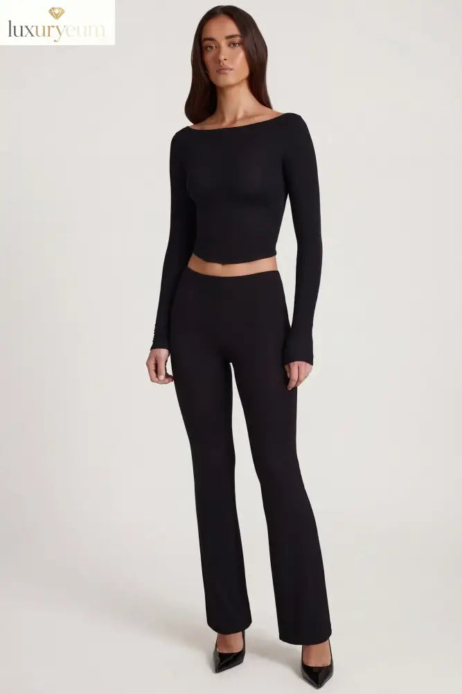 Modal Mid-Rise Flared Trousers in Black
