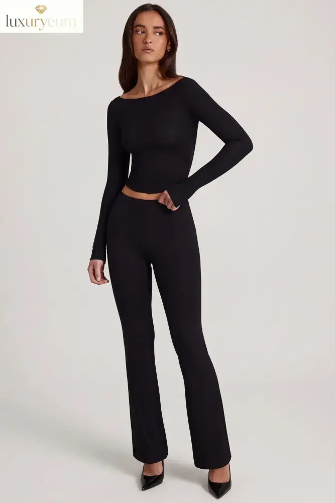 Modal Mid-Rise Flared Trousers in Black