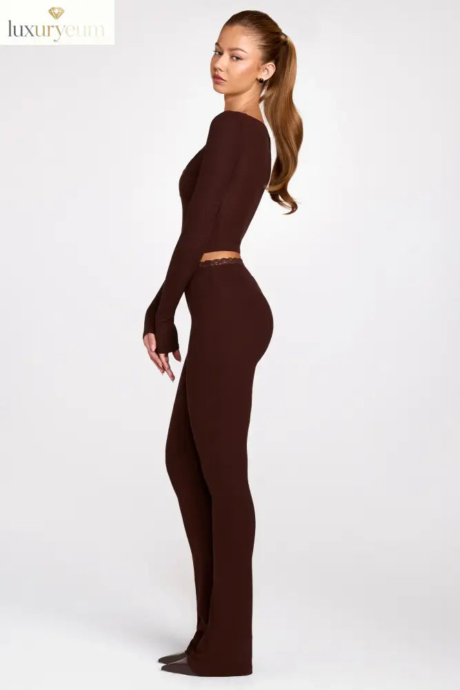 Modal Mid-Rise Flared Trousers in Chocolate Brown