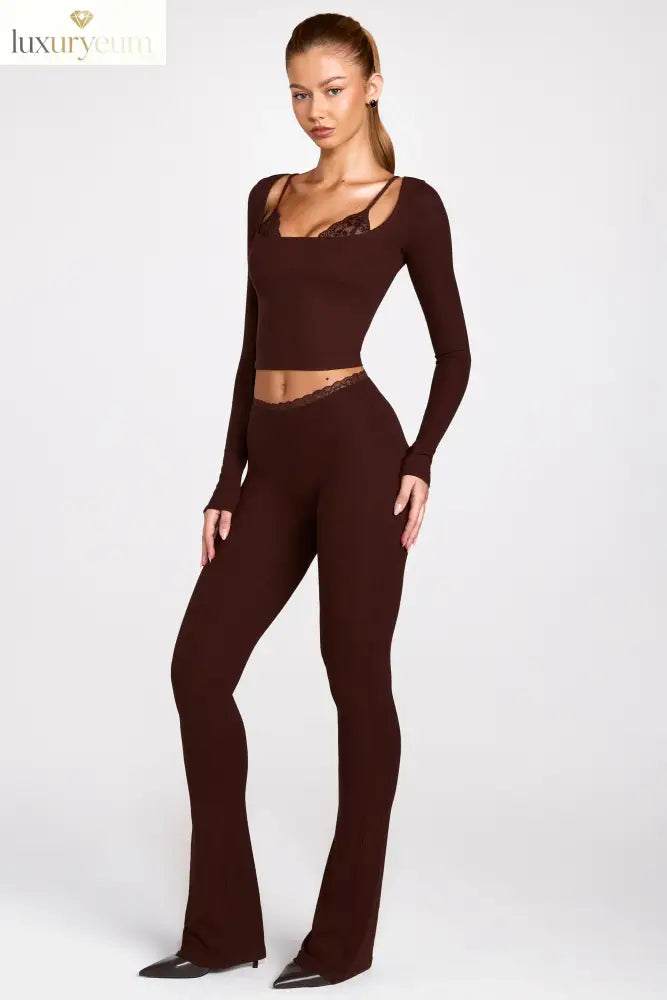 Modal Mid-Rise Flared Trousers in Chocolate Brown