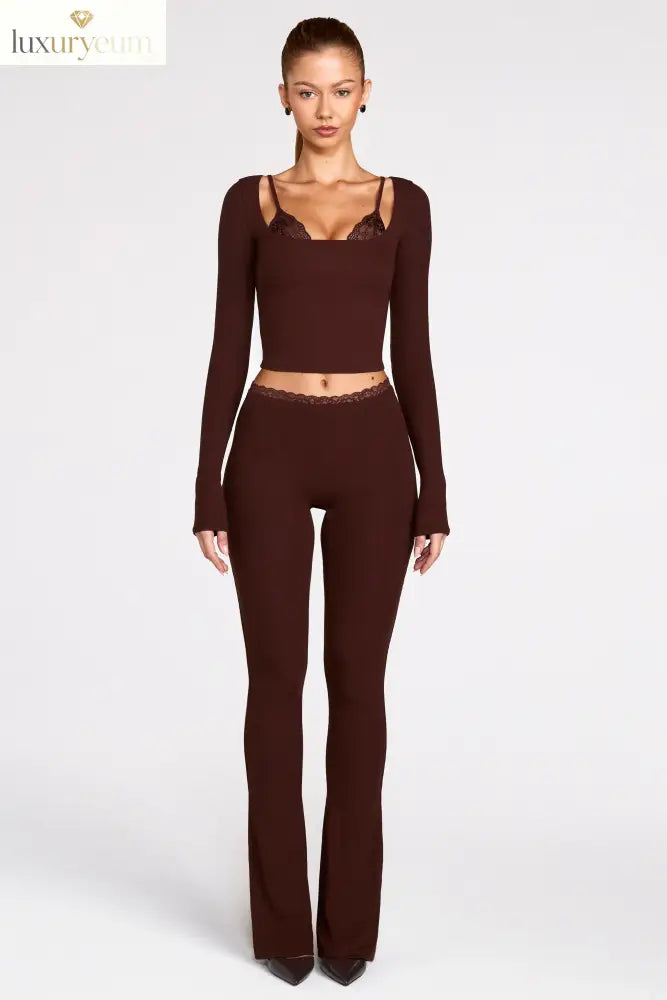 Modal Mid-Rise Flared Trousers in Chocolate Brown
