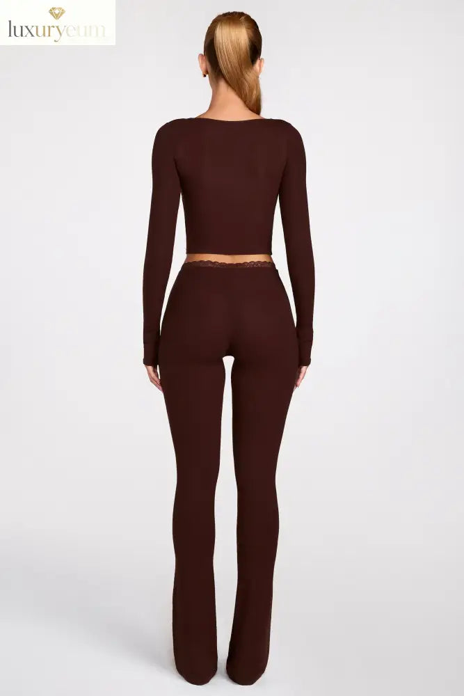 Modal Mid-Rise Flared Trousers in Chocolate Brown