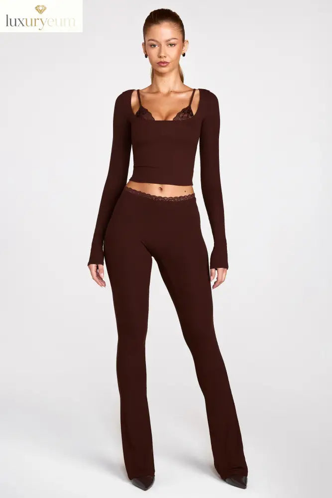 Modal Mid-Rise Flared Trousers in Chocolate Brown