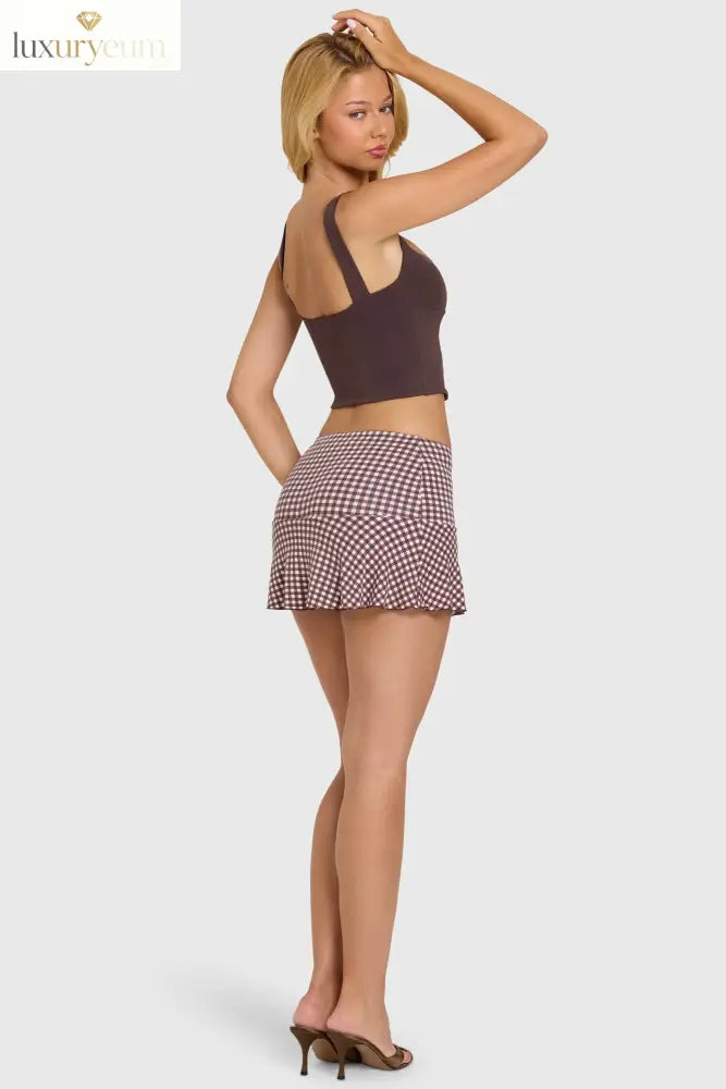 Modal Mid-Rise Skort in Brown Gingham
