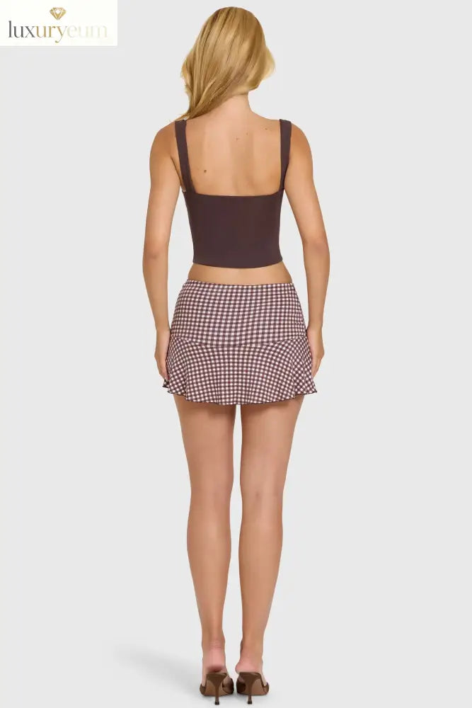 Modal Mid-Rise Skort in Brown Gingham
