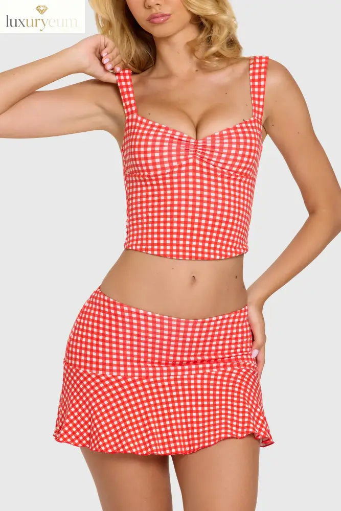 Modal Mid-Rise Skort in Red Gingham