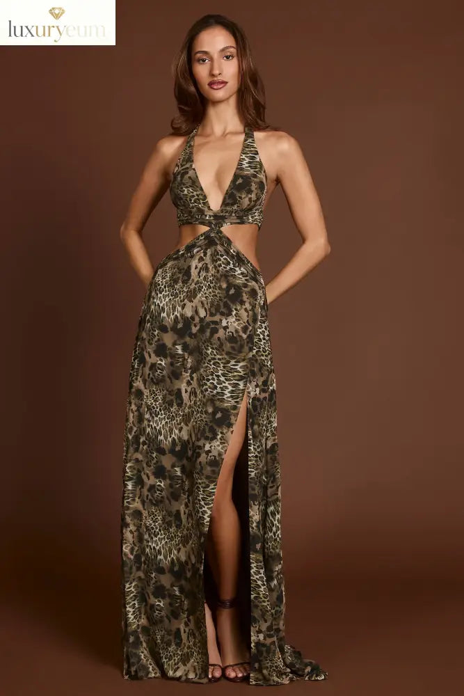 Plunge Cut-out Maxi Gown in Leopard Print