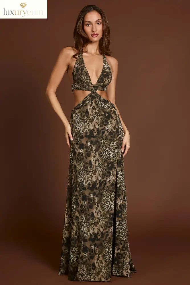 Plunge Cut-out Maxi Gown in Leopard Print
