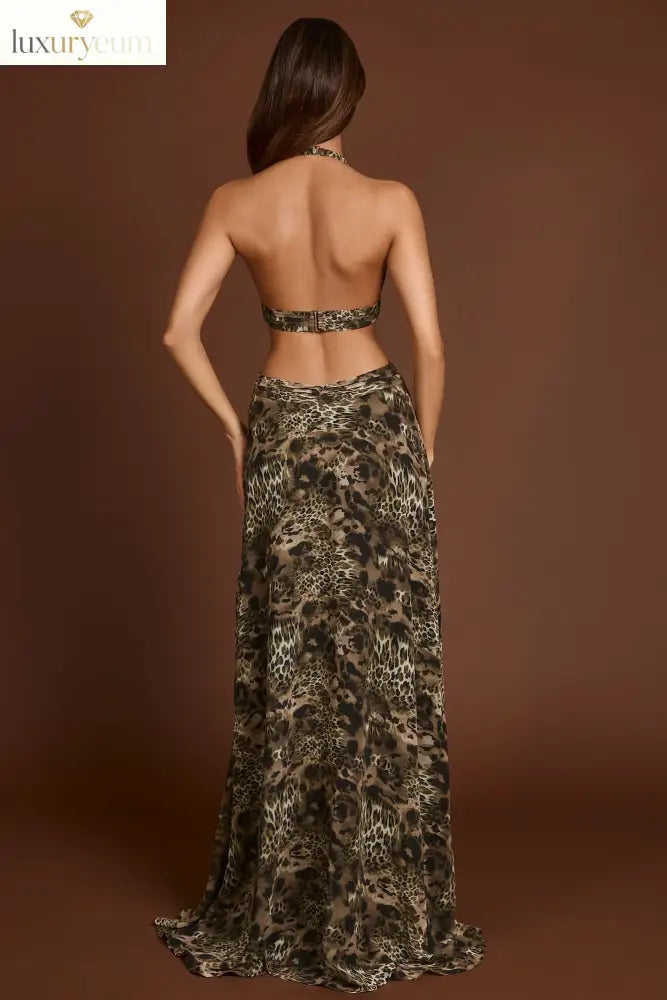 Plunge Cut-out Maxi Gown in Leopard Print