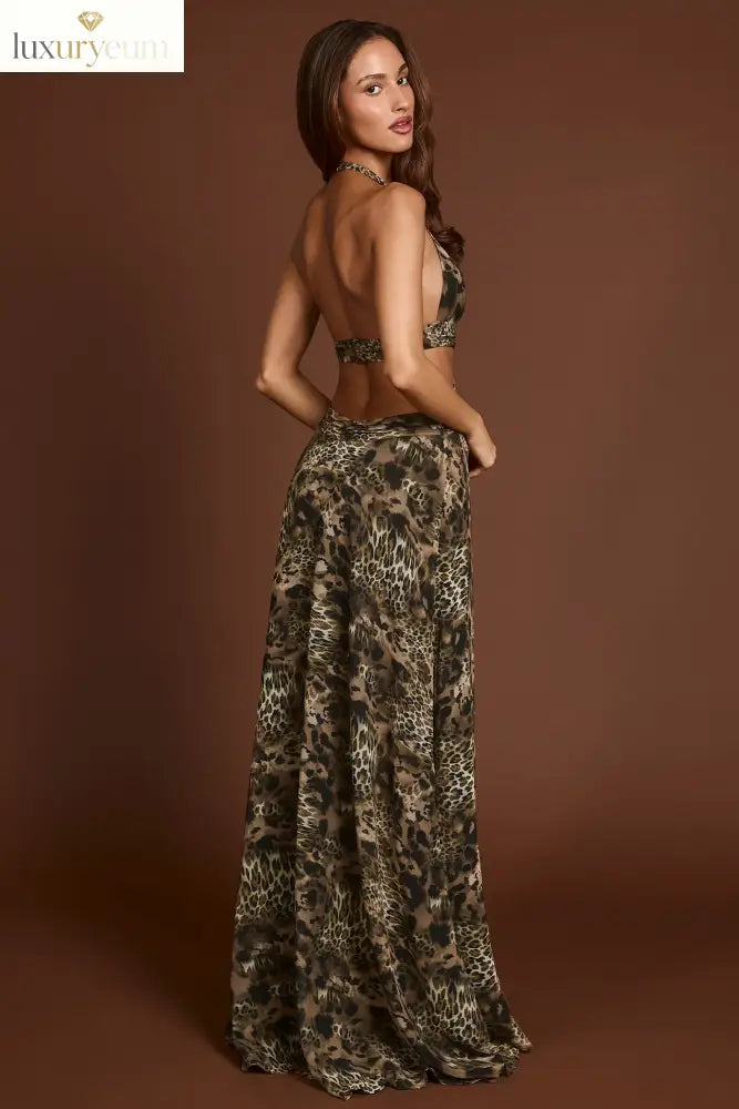 Plunge Cut-out Maxi Gown in Leopard Print