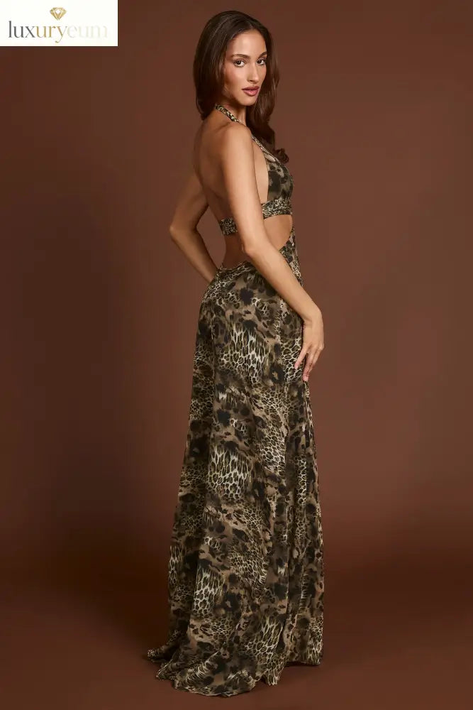 Plunge Cut-out Maxi Gown in Leopard Print