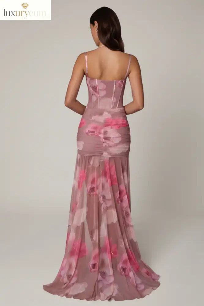 Ruched Asymmetric Corset Gown in Blurred Floral
