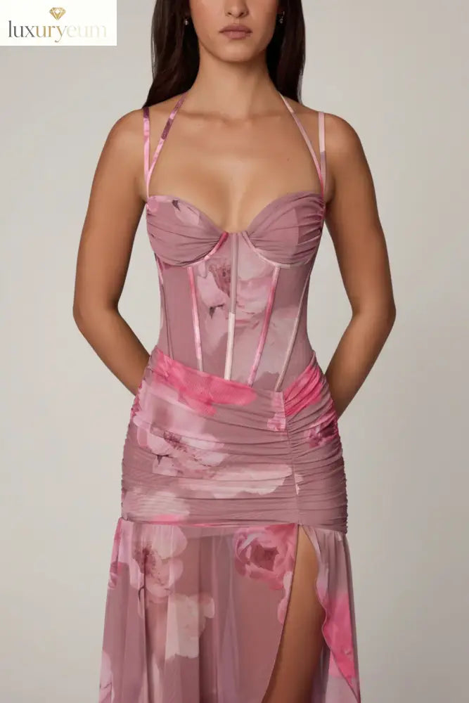 Ruched Asymmetric Corset Gown in Blurred Floral