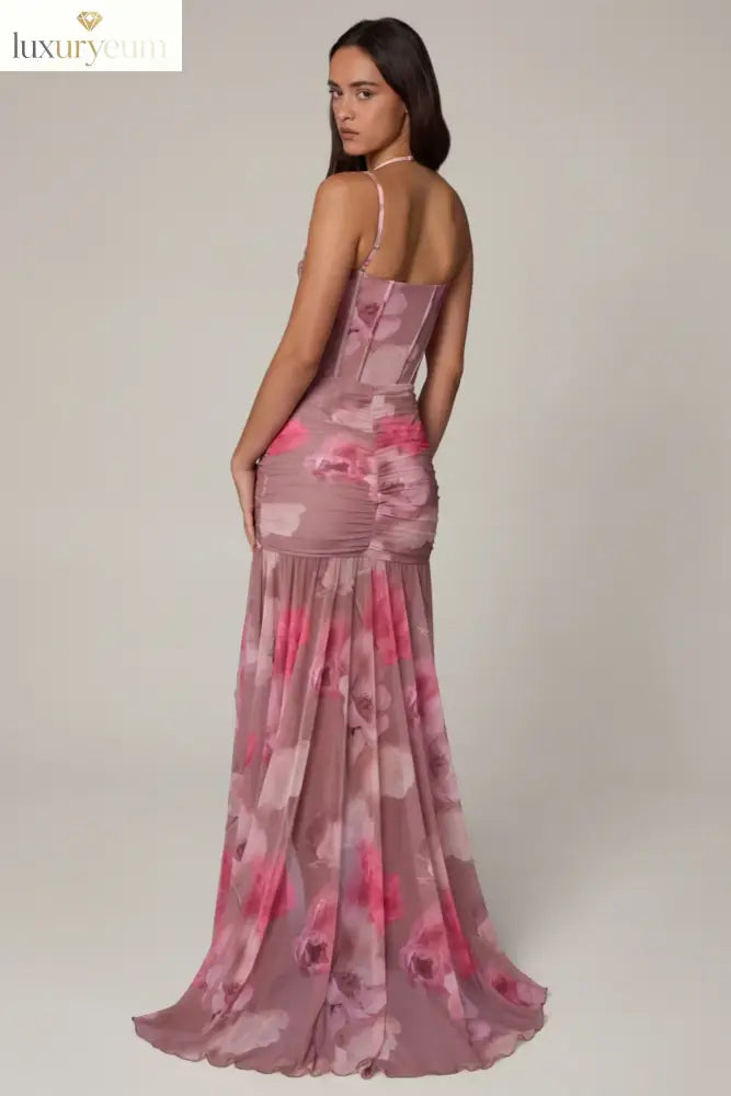 Ruched Asymmetric Corset Gown in Blurred Floral